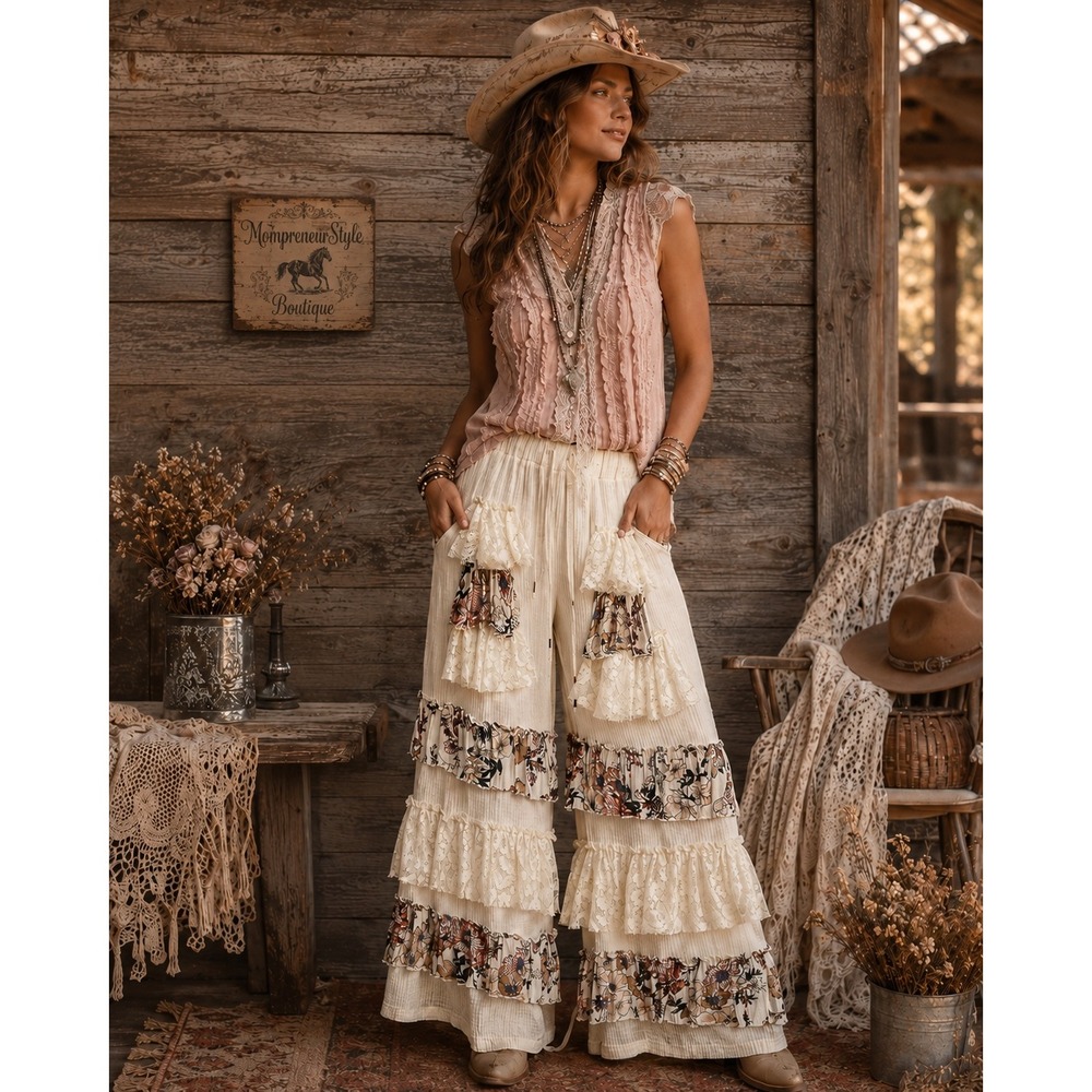 193. New POL Double Gauze Lace Ruffle Wide Leg Pants Floral Elastic Waist Boho